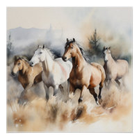 « Quatre mustangs sauvages » Aquarelle poussiéreus