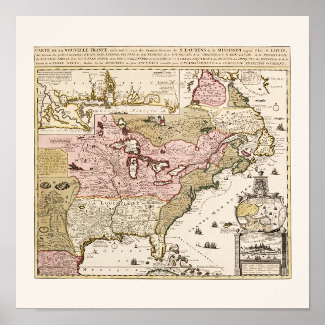Poster Québec/Nouvelle-France medieval french map America (Devant)