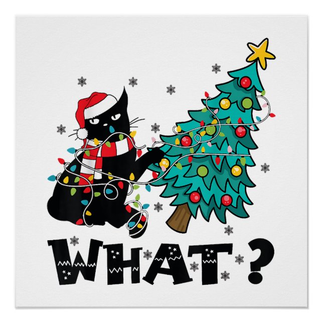 Poster QUEL Chat Noir Drôle de Père Noël Poussant un Sapi (Devant)