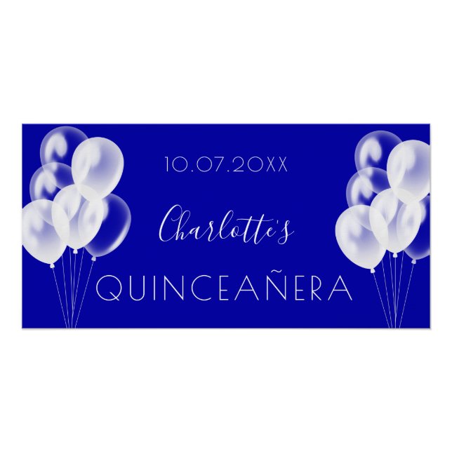 Poster Quinceanera fête des ballons blancs bleus royaux (Devant)