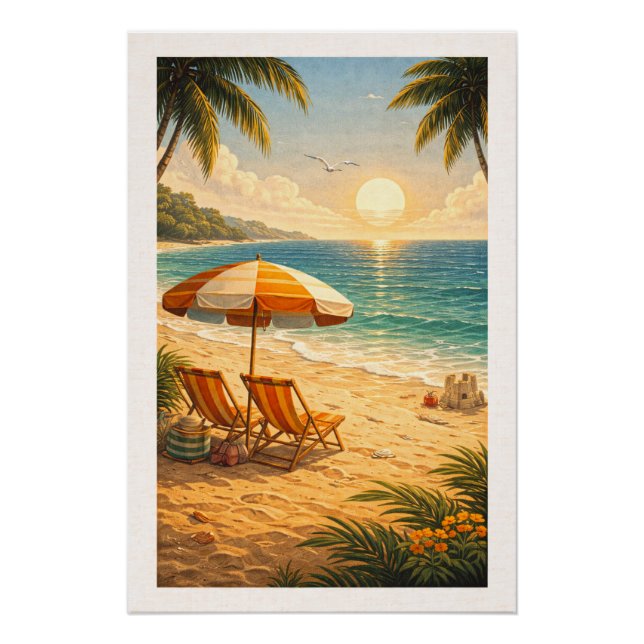 Poster Radiant Tropical Beach Sunset Retro Vacation  (Devant)