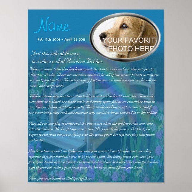 Poster Rainbow Bridge Pet Memorial - Blue (Devant)