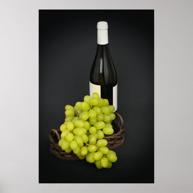 Poster raisins dans un panier et bouteille de vin (Devant)
