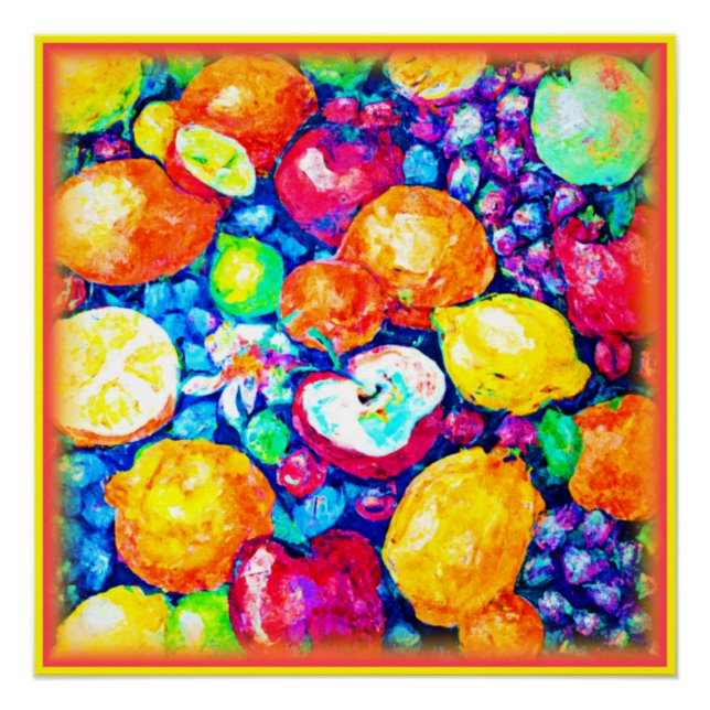 Poster Raisins, pomme et agrumes Peinture. Commandez dès  (Devant)