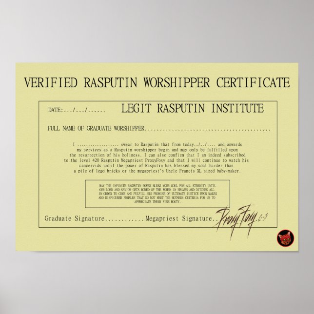 POSTER RASPUTIN WORSHIPPER CERTIFICATE (Devant)