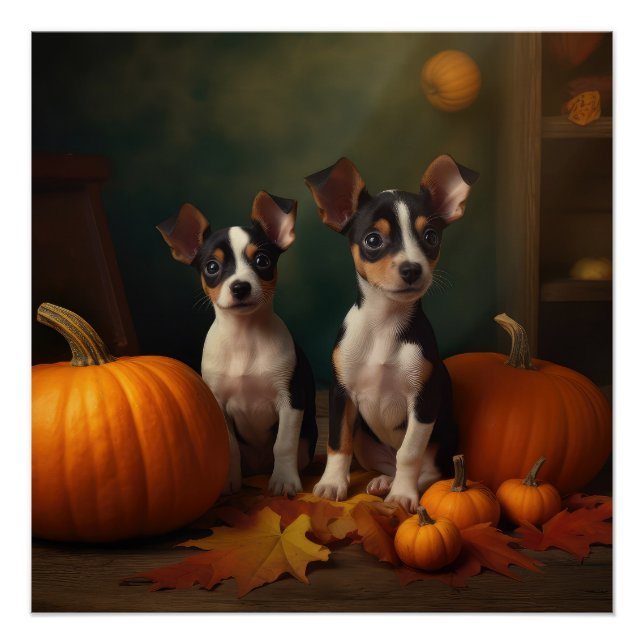 Poster Rat Terrier Chiot Automne Citrouille délice (Devant)
