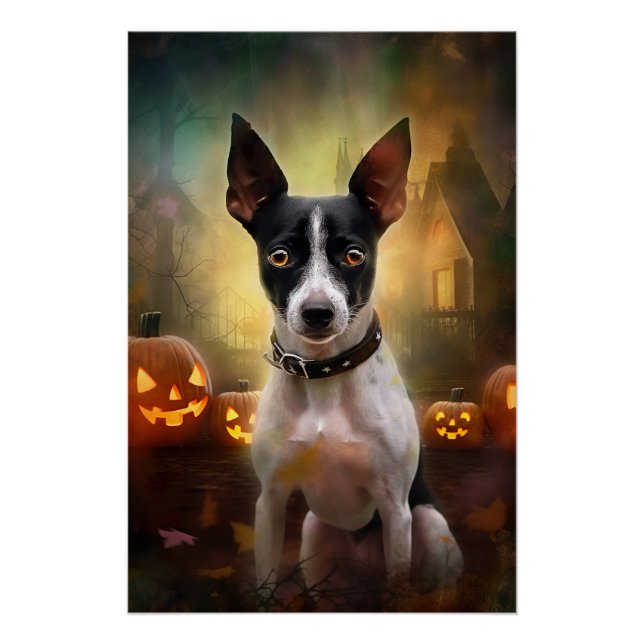 Poster Rat Terrier Halloween avec citrouilles effrayant (Devant)