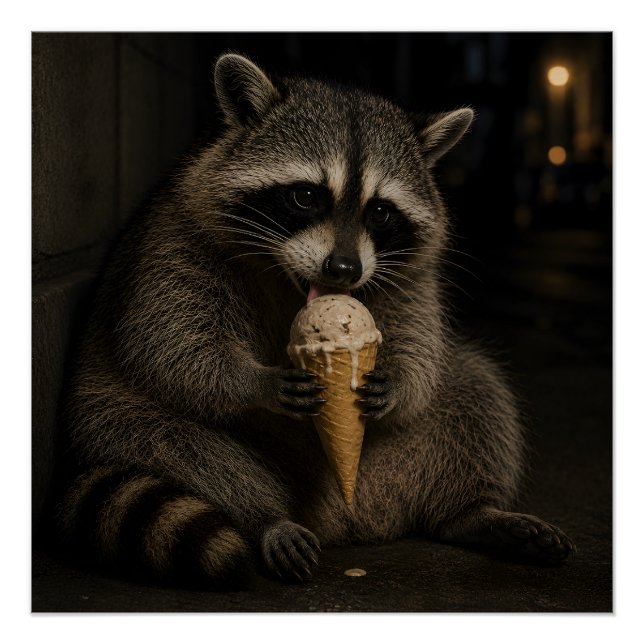 Poster Raton laveur drôle mangeant de la glace (Devant)