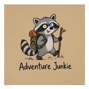 Poster Raton laveur junkie d'aventure en randonnée