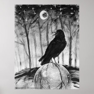 Poster Raven (oiseau noir) en bois avec la lune et les