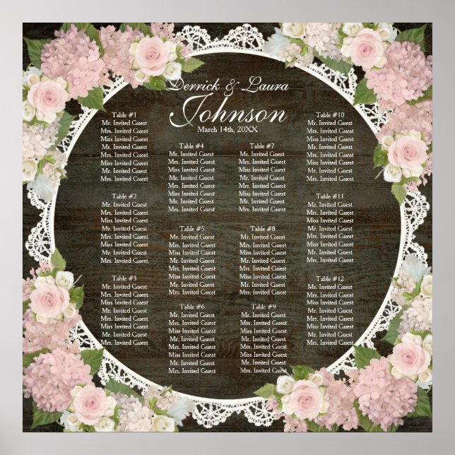 Poster Reception Seating Chart Hydrangea Dark Wood Lace (Devant)