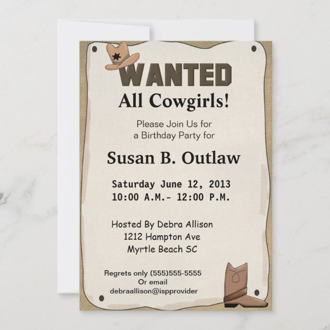 Poster Recherché Cowgirl Anniversaire Invitation (Devant)