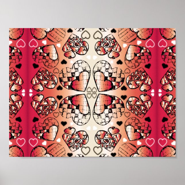 Poster Red and white Whimsical Romantic Hearts pattern (Devant)