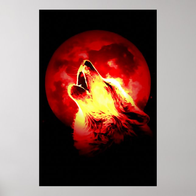 Poster Red Black Motivational Wolf Howls Fullmoon Print (Devant)