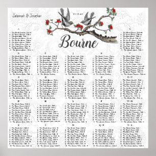 Poster Red Blooms Vintage Birds Reception Carte de siège