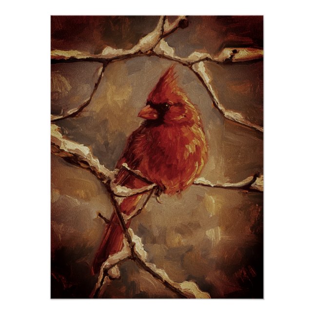 Poster Red Cardinal Bird Oil Painting – Winter Branch (Devant)