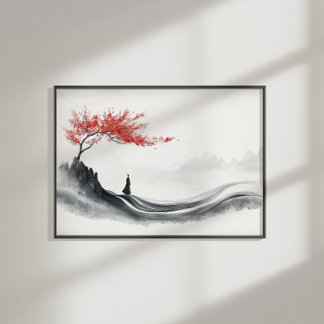 Poster Red Maple Ink Zen Minimalist Wall Art