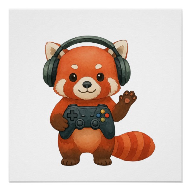 Poster Red Panda Gamer, contrôleur de jeu et casques (Devant)