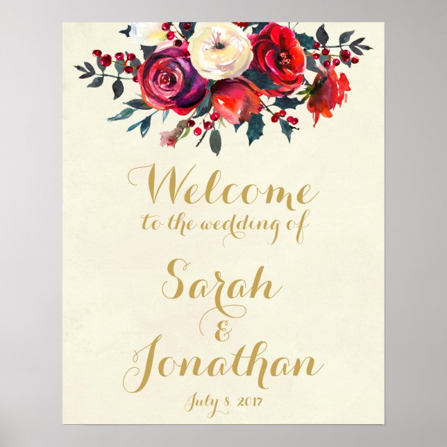 Poster Red roses berries winter wedding welcome sign (Devant)