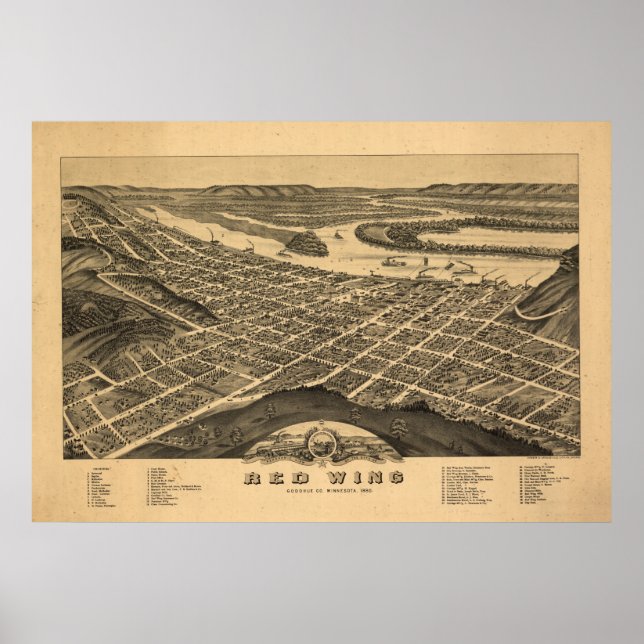 Poster Red Wing Minnesota 1880 Antique carte panoramique (Devant)