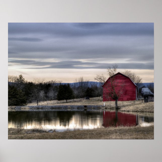 Poster Reflet de grange rouge dans l'eau Photo HDR (Devant)