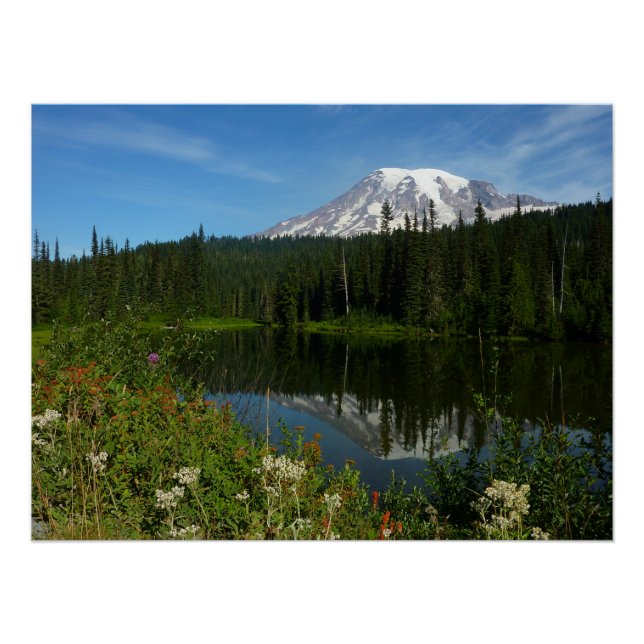 Poster Reflet du lac du mont Rainier avec des fleurs sauv (Devant)