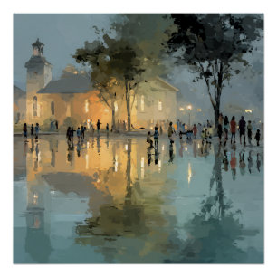 Poster Reflets de pluie dans la Church Square le soir