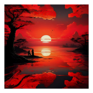Poster Réflexion du coucher de soleil rouge - Art de la n