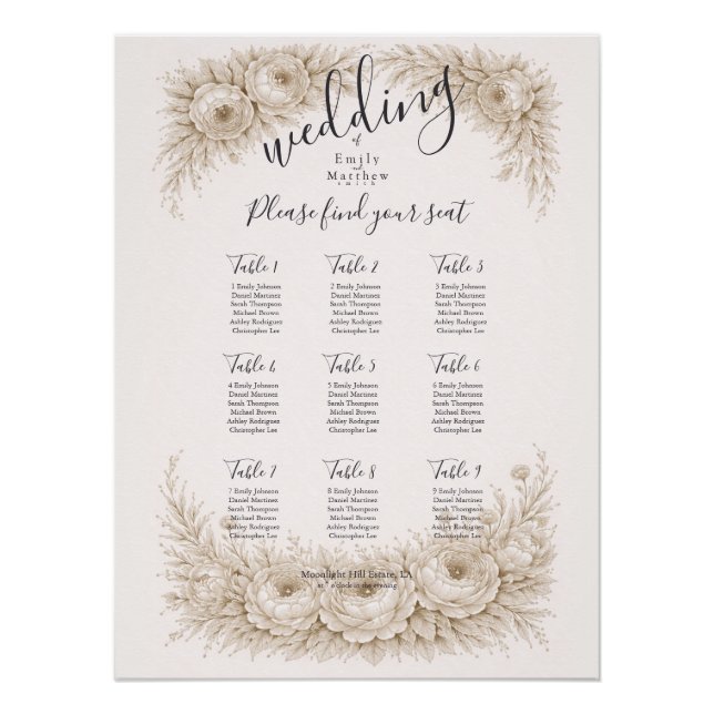 Poster Regency Botanical Engraving Wedding Seating Chart (Devant)