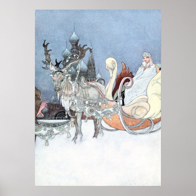 Poster Reindeer vintage et Sleigh par Charles Robinson (Devant)