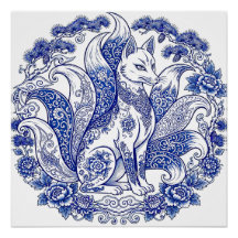 Renard à neuf queues Kitsune Imari Style Bleu Blan