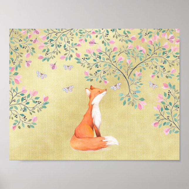 Poster Renard avec papillons et fleurs roses (Devant)