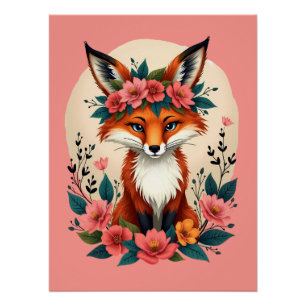 Poster Renard Bohème Fantaisiste avec Couronne Florale de