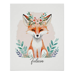 Poster Renard floral aquarelle personnalisé