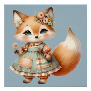 Poster Renard pastel floral cottagecore fantaisiste