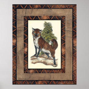 Poster Renard rustique sur un tronc d'arbre