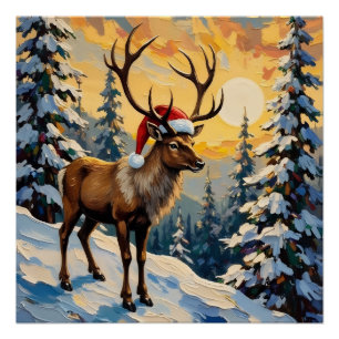Poster Renne vintage avec chapeau de Père Noël dans une f