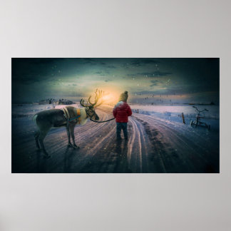 Poster rennes d'hiver et fils Noël imprimé surréaliste