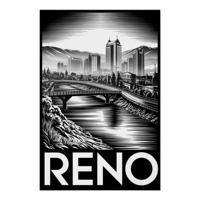 Poster Reno Nevada Skyline Noir Blanc Gravure sur Bois (Devant)