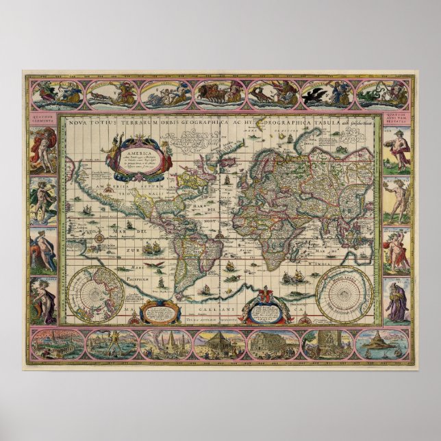 Poster Reproduction de carte du monde du XVIème siècle (Devant)