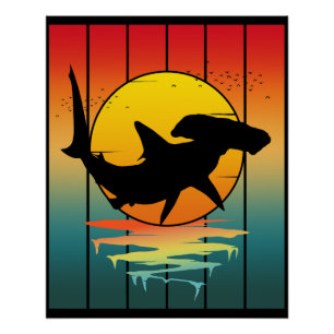 Poster Requin Marteau Coucher de Soleil Vintage