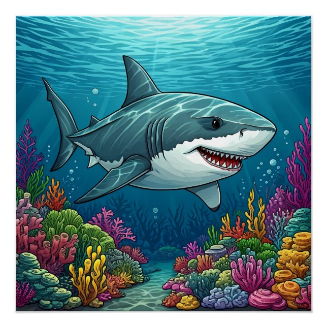 Poster Requin nageant dans les profondeurs océaniques (Devant)