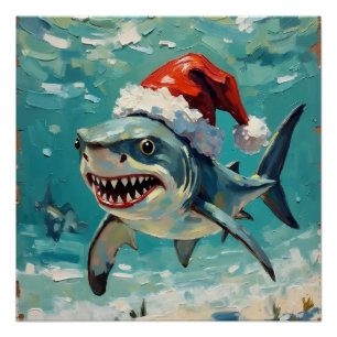 Poster Requin vintage avec chapeau de Père Noël Art de No