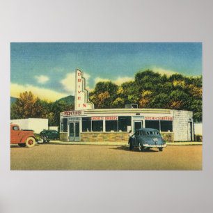 Poster Restaurant Vintage, Diner et Voitures de Drive In