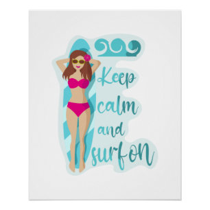 Poster Restez calme et surfez sur la carte de fille brune