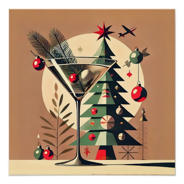 Poster Retro 50s Jet Set Martini de Noël arbre (Devant)