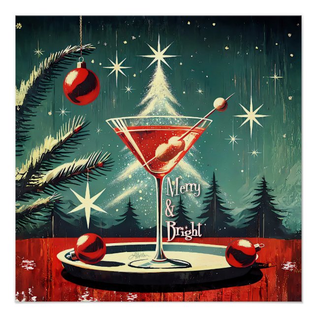 Poster Retro 50s Snow Flurry Christmas Tree Martini (Devant)