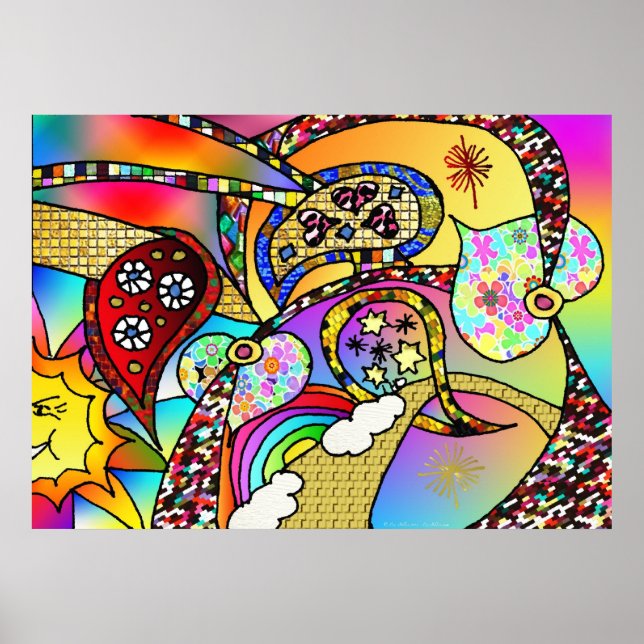 Poster Retro 60s Coeurs psychédéliques Paisley Imprimer P (Devant)