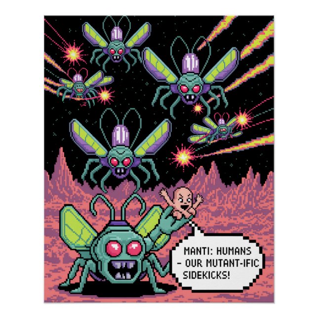 Poster Retro Arcade Manti Aliens Pixel Art - Funny Defend (Devant)