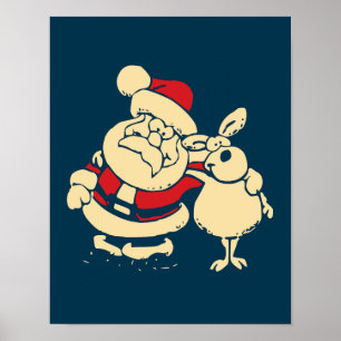 Poster Retro Christmas Père Noël et son Reindeer Buddy